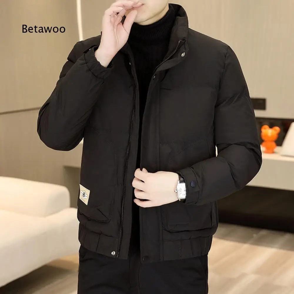Mens Stand Collar Warm Outerwear Solid Color Cotton Padded Jacket Zip Front Pockets Designed For Autumn And Winter Activities