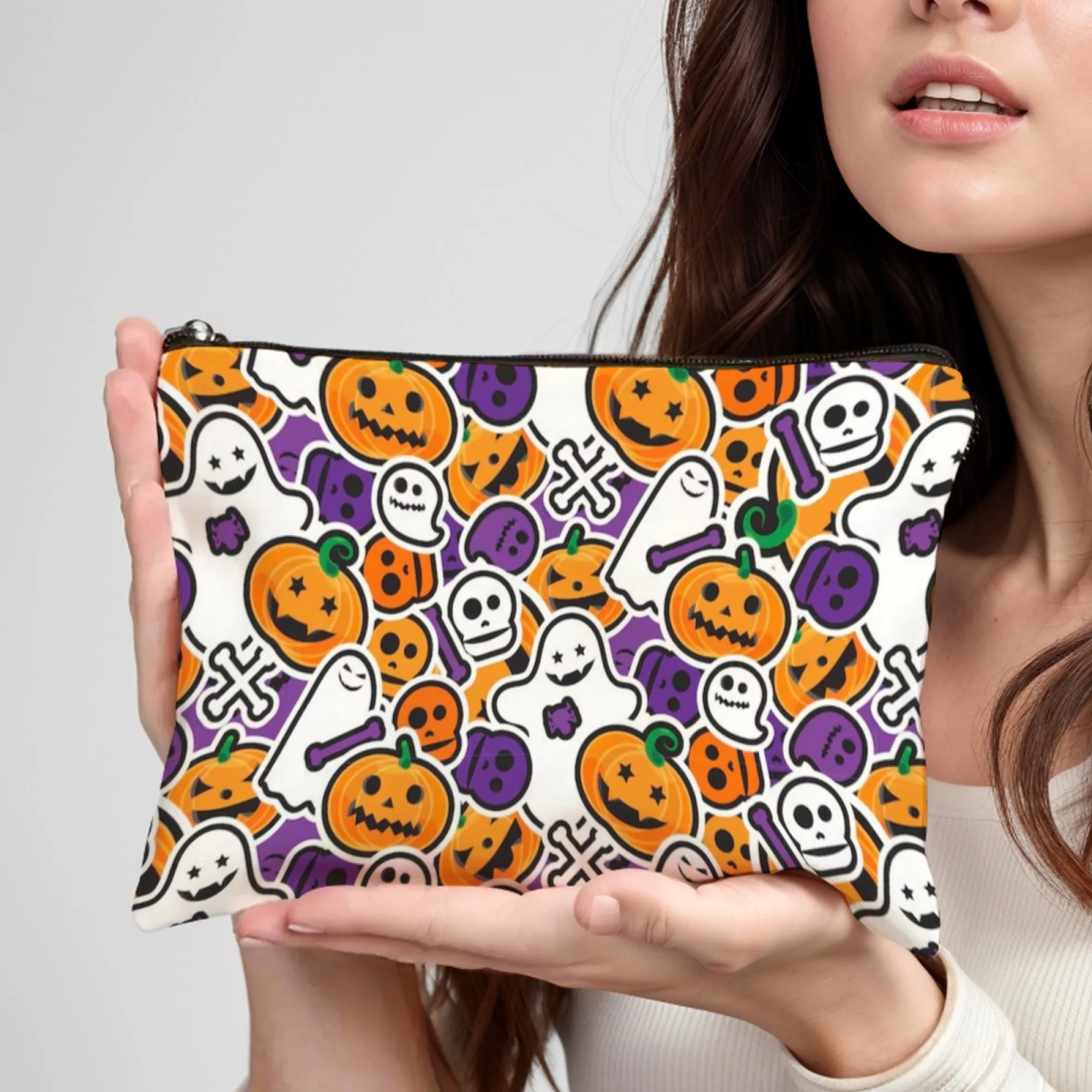 Multicolored Cartoon Halloween Cosmetic Bag Pumpkins Ghosts Skulls & Crossbones Prints Compartment for Brushes Lip Glosses