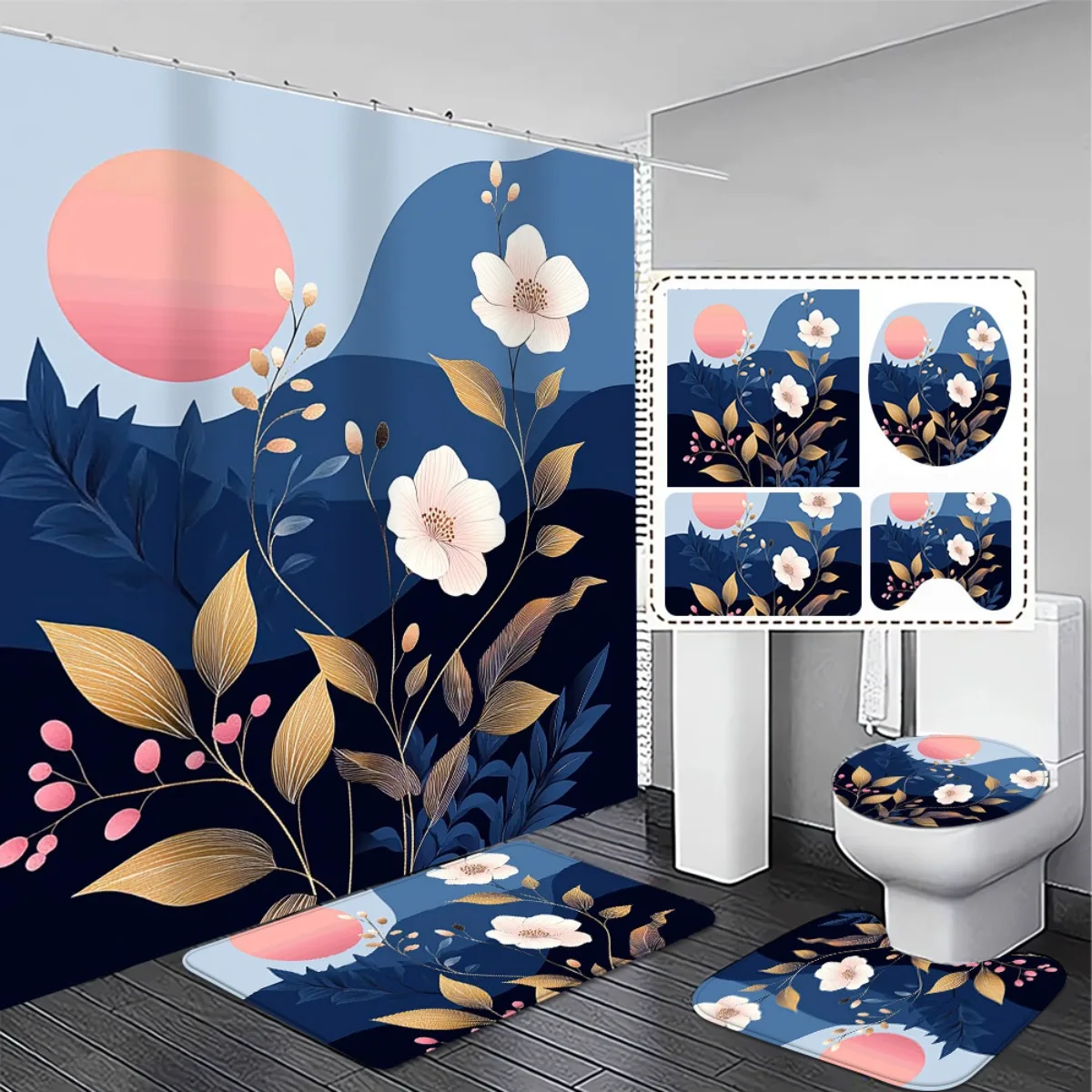 4pcs Artistic and Efficient Floral Bathroom Set - Non-Slip Water-Absorbent Rugs and High Quality Blackout Shower Curtain