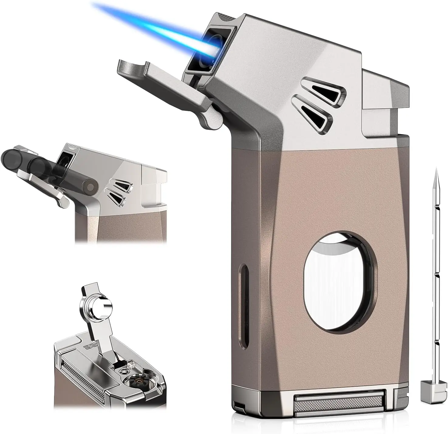 

Многофункциональная зажигалка-фонарь 5-в-1 с регулируемым турбопламенем, заправляемая бутаном, аксессуар для путешествий