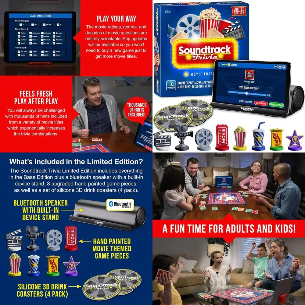 

Family Movie Soundtrack Game: Guess the Film with Bluetooth Speaker, Handcrafted Art & Coasters, Ages 8+