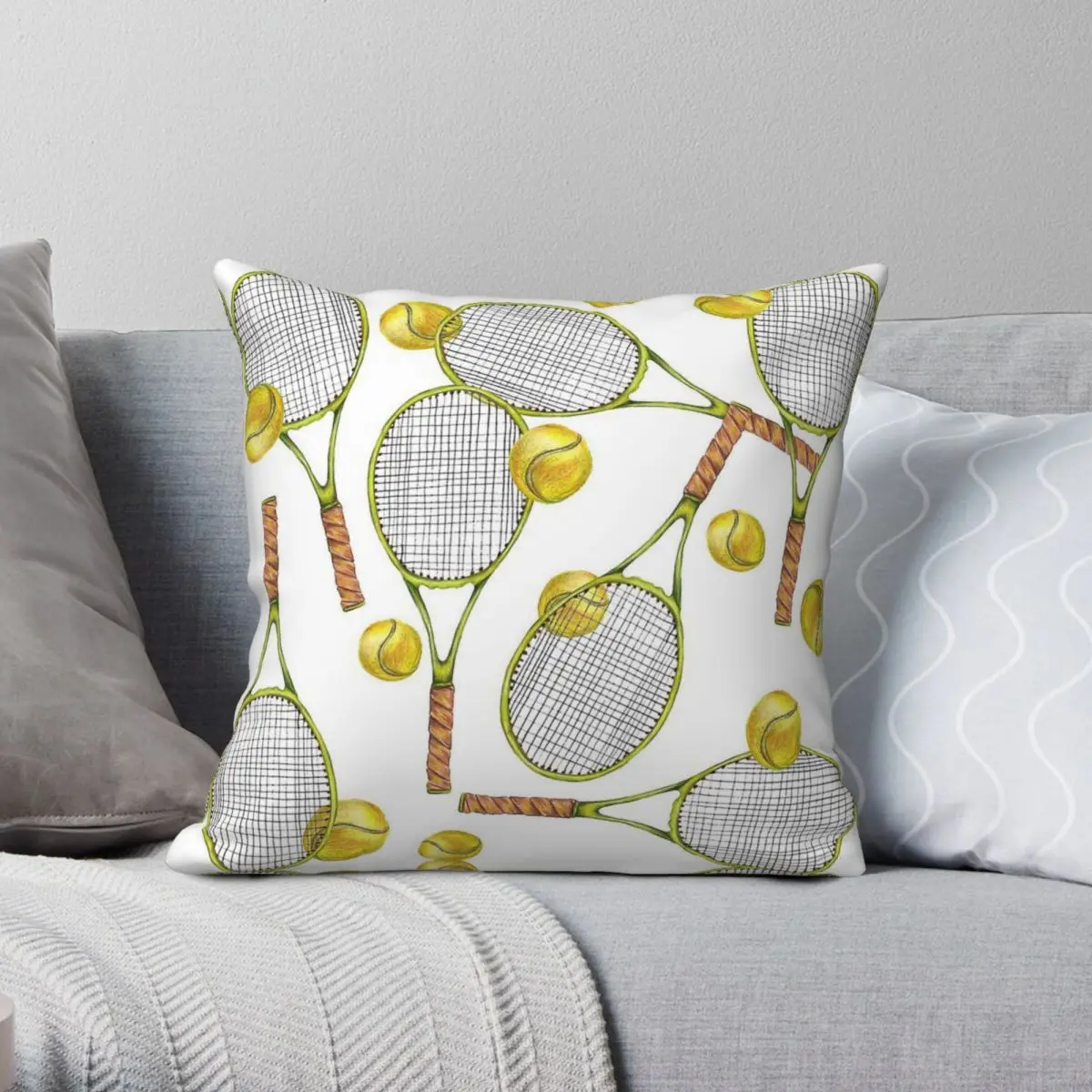 Tennis Rackets Tennis Balls Square Pillowcase Polyester Linen Velvet Printed Zip Decorative Bed Cushion Cover 45x45