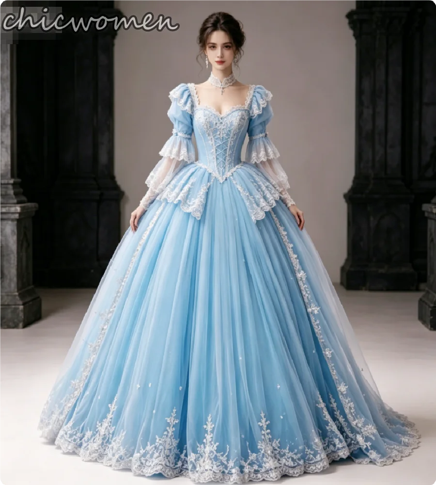 Vestido de noche lila de Cenicienta, vestido de baile victoriano con mangas abullonadas, vestidos de quinceañera con apliques.
