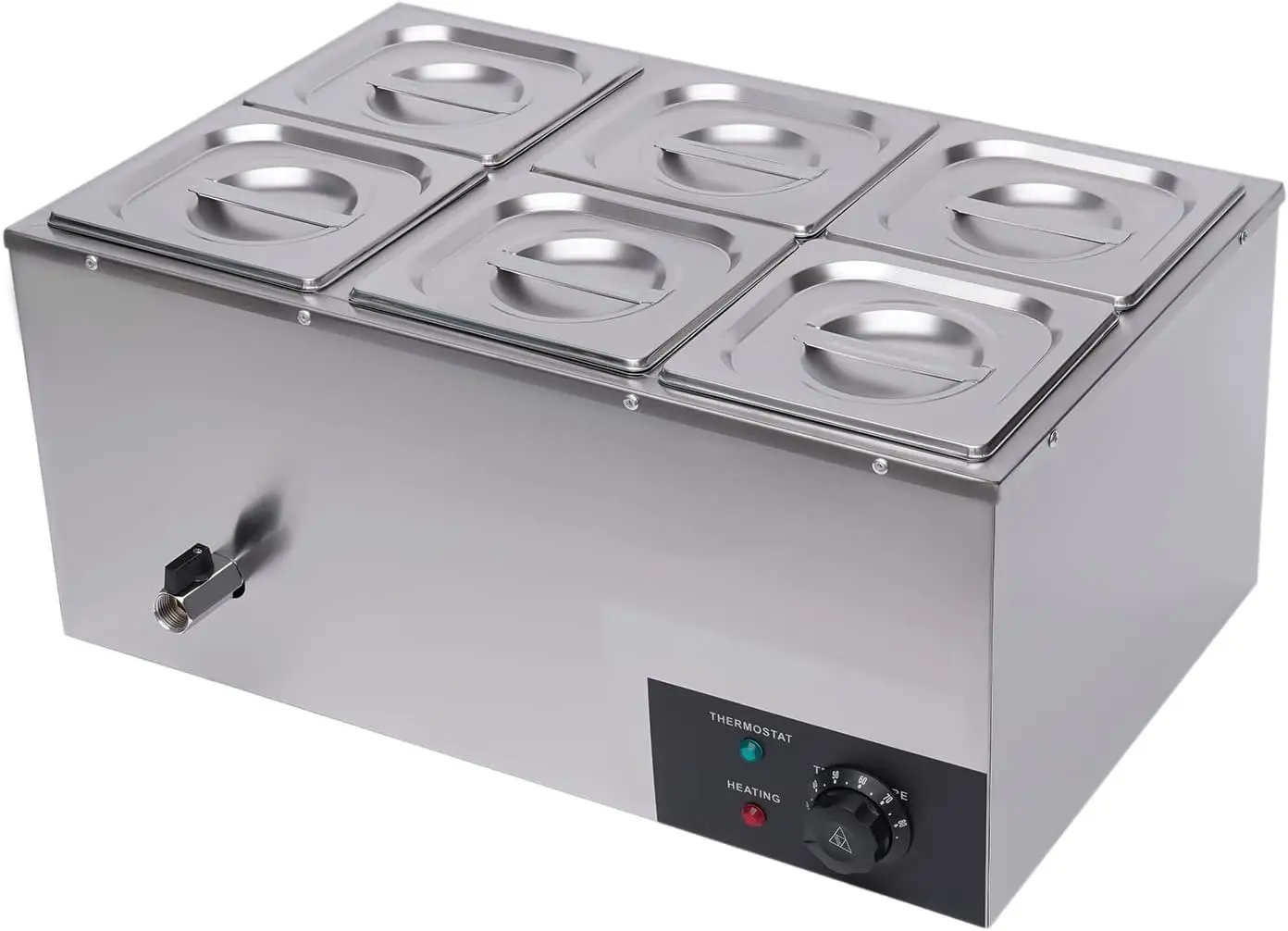 Chauffe-aliments avec seau, table à vapeur électrique à 6 poêles, Planche en acier inoxydable, Chauffe-aliments Bain Marie, Capacité de 19.2 Qt pour attribuable a