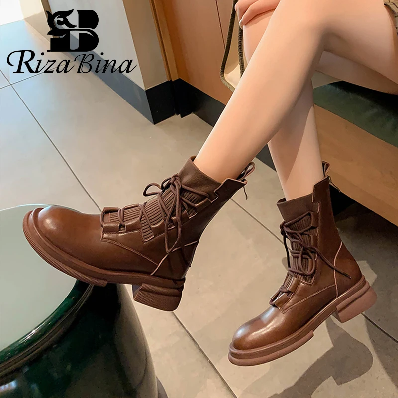 

RIZABINA Ankle Boots Genuine Leather Patchwork 2023 New Women Shoes Short Boots For Women Stylish Female Footwear Size 34-39