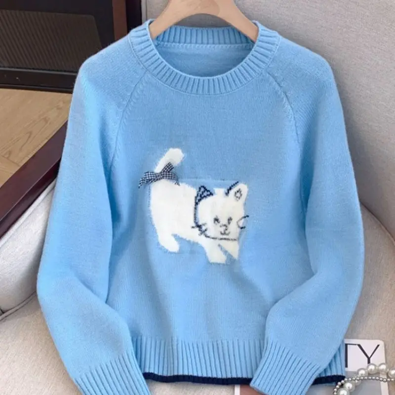 

Нежный стильный синий свитер с вышивкой котенка для женщин, высококачественный пуловер, свитер, мягкий клеевой вязаный свитер
