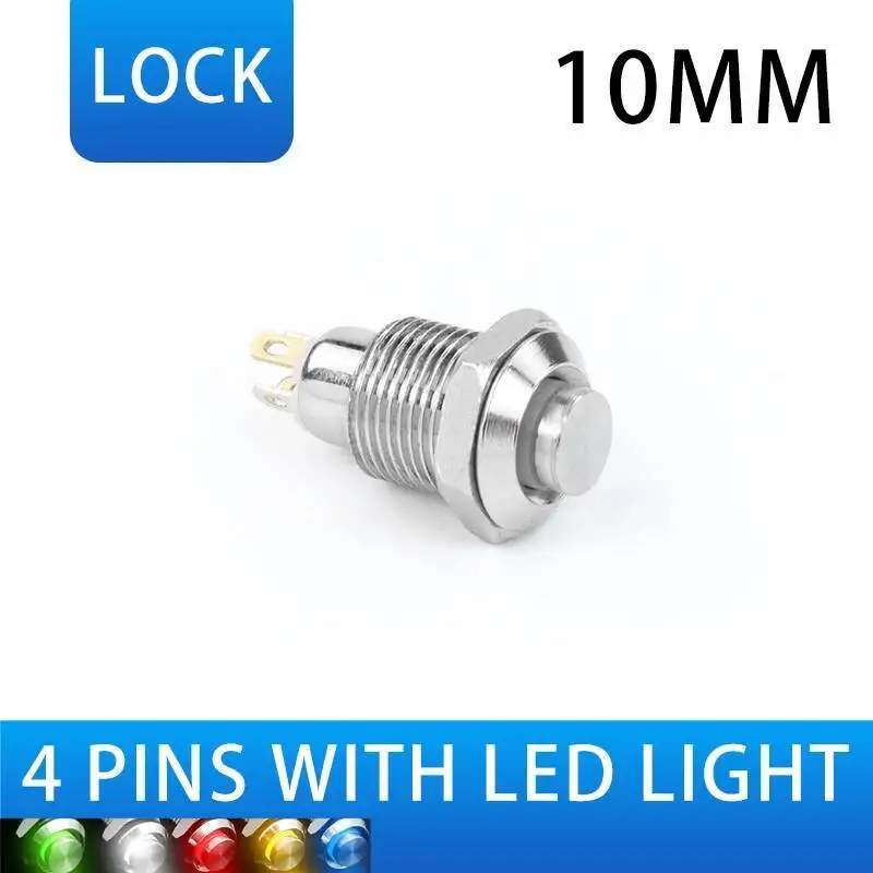 8/10 مللي متر المعادن زر التبديل مع LED ضوء صغير الغبار واقية الذاتي إعادة تعيين قفل دائري مايكرو بدء أربعة لحام دبوس