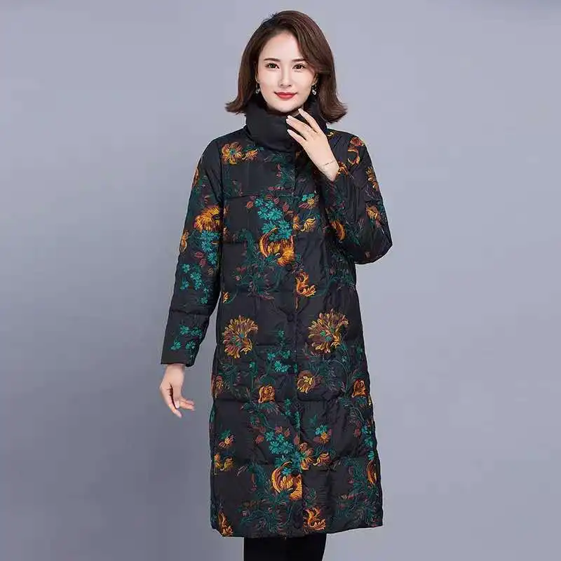 Woman Print Thicken Turtleneck Coats Femlae Casual Snow Wear Warm Long White Duck Down Jackets Loose Big Size Overcoats New G788