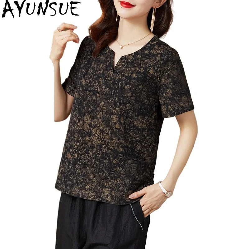 AYUNSUE 100% Real Mulberry Silk T Shirt Women Double-sided Shirts Women Summer Xiangyunsha Printed Women Clothes 2026 Ropa Mujer