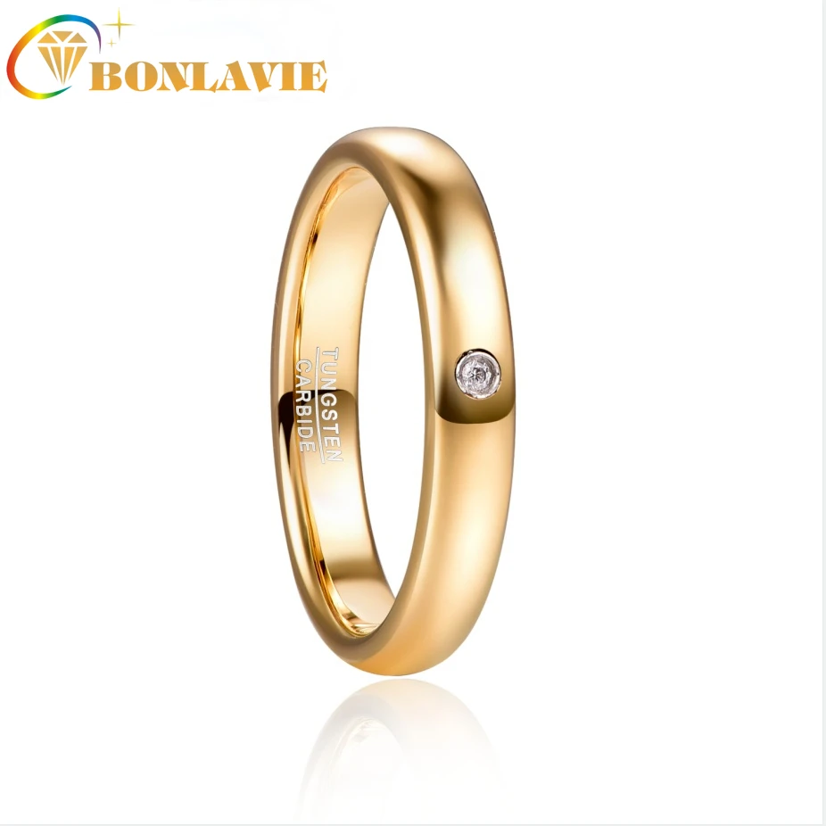 

BONLAVIE 4mm Gold Zircon Dome Tungsten Carbide Ring Wedding Band for Men Women Comfort Fit Rings Engagement Jewelry