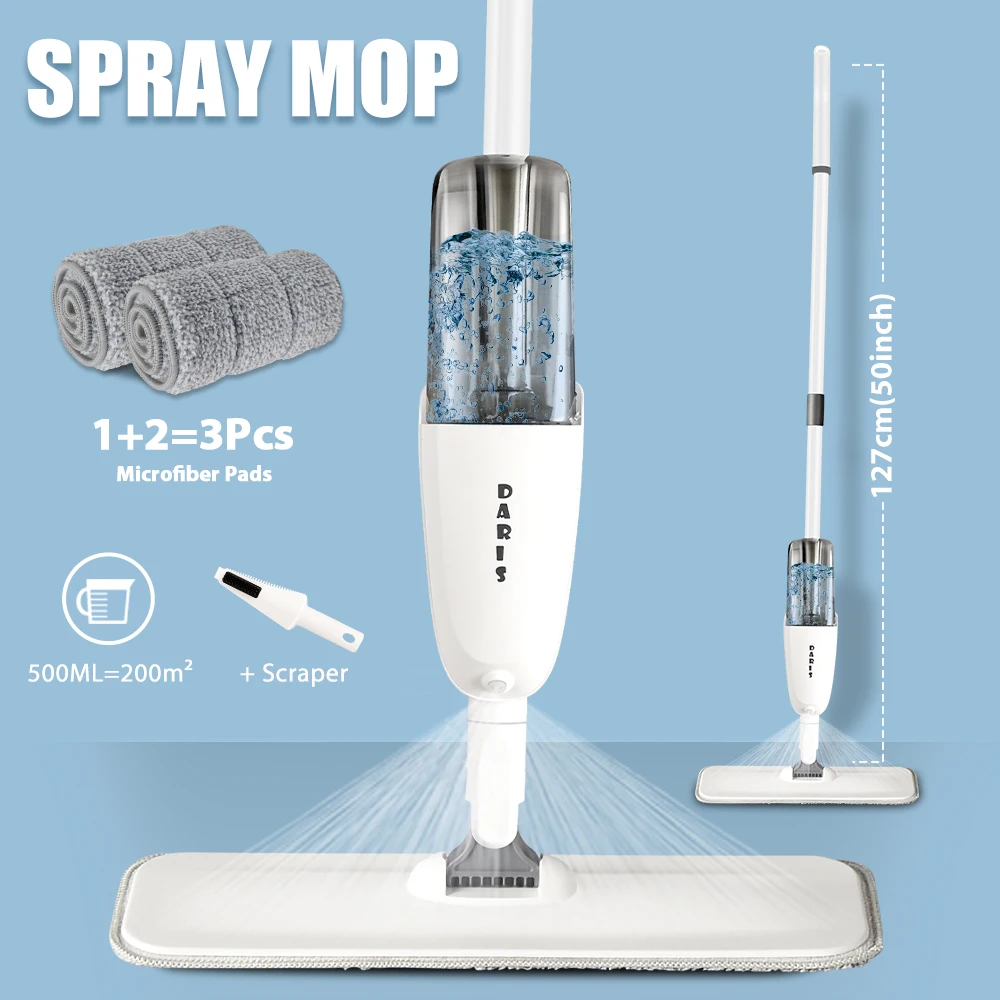 DARIS Spray Floor Cleaning Mop 500ML Wide Range Fan-shaped Mist Reusable Microfibers Pads 360° Flat Mop For Tile Wooden Floor