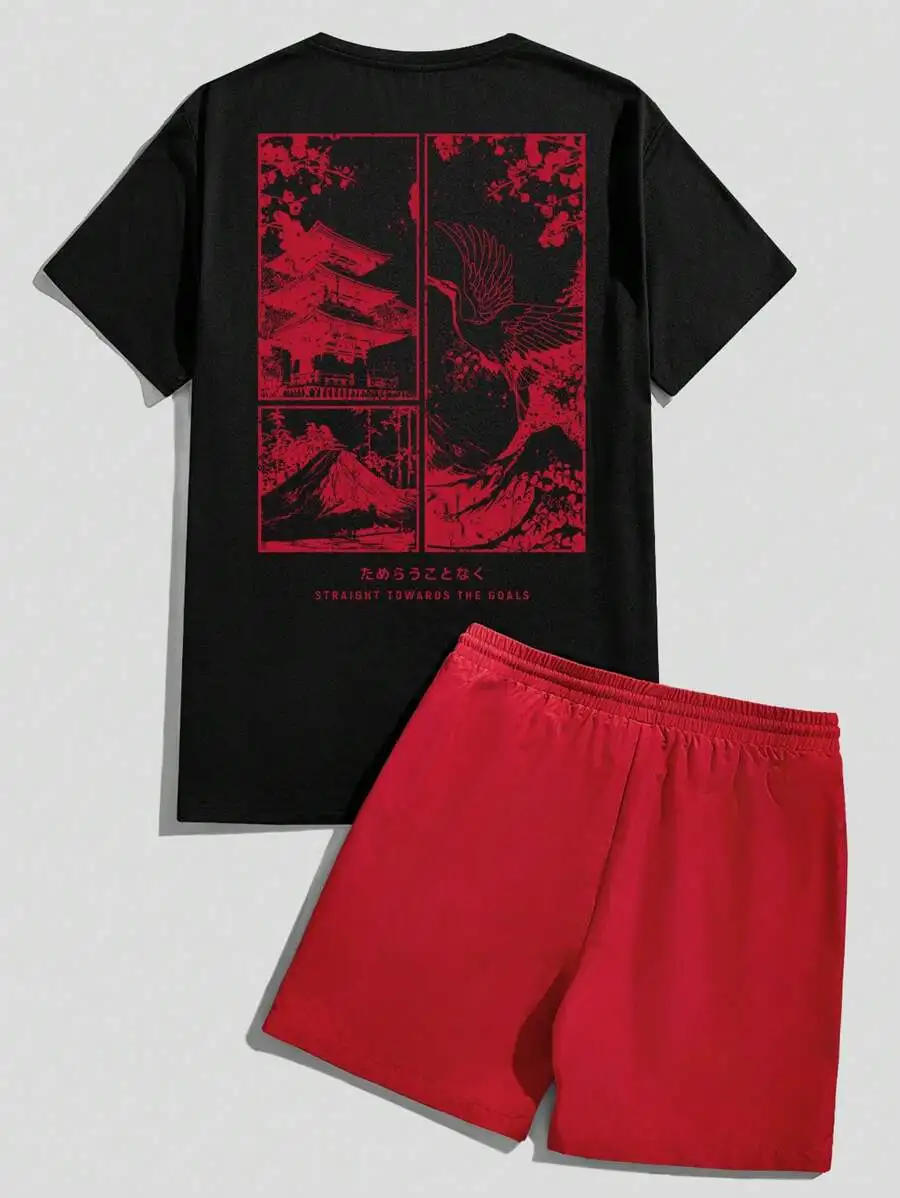 

Black Red Ukiyo-E Crane Landscape Print T-Shirt And Shorts Set Men Casual Summer Outfit