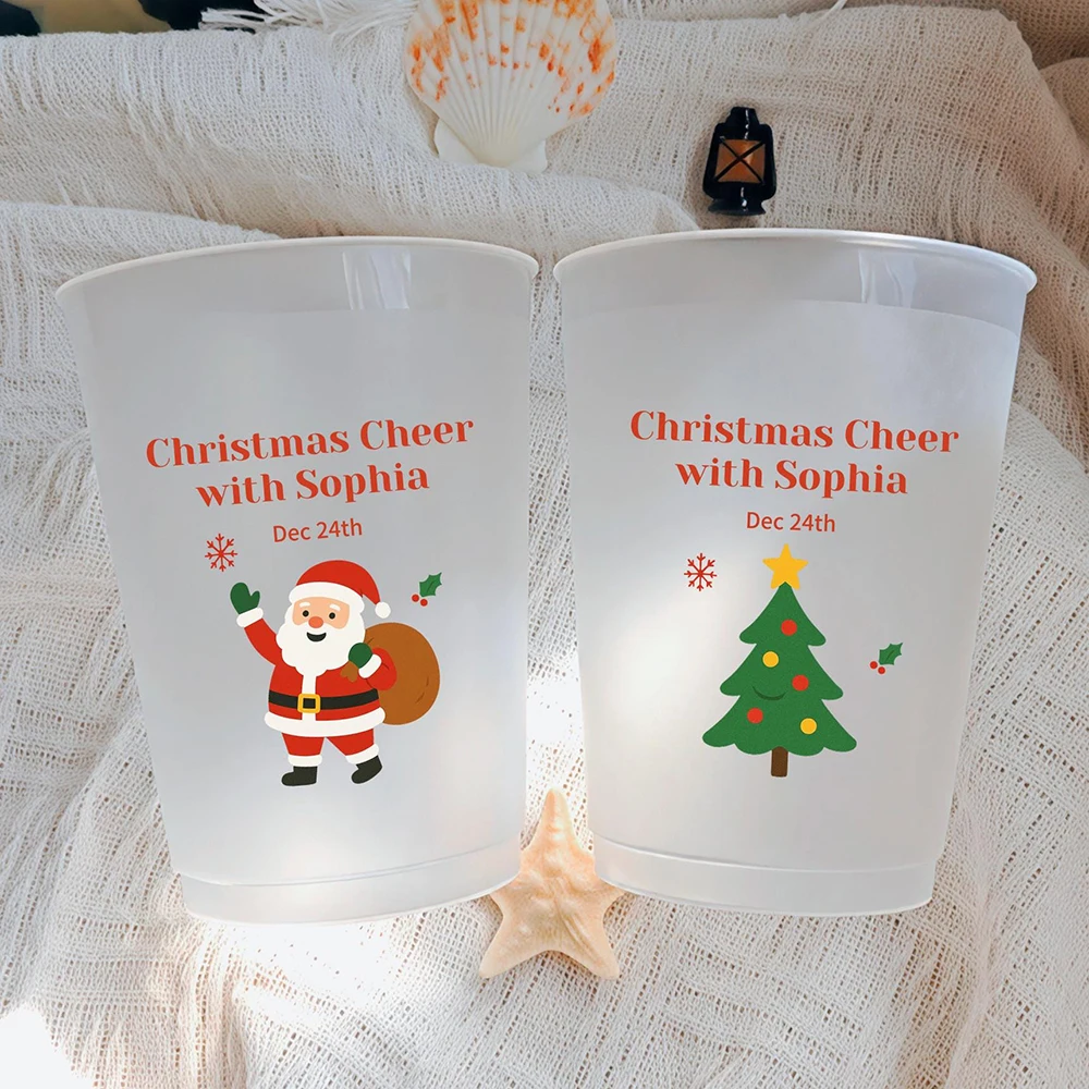 

10Pcs Custom Christmas Frosted Cups Personalized Reusable Holiday Party Drinkware with Santa&Tree Designs Christmas Party Decor