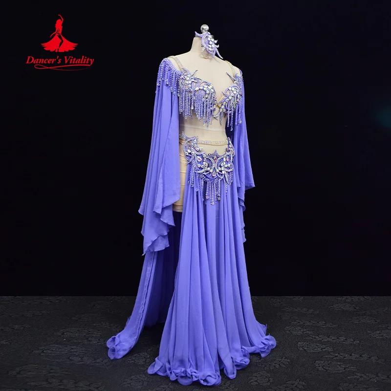 BellyDance Set Custom Luxury Rhinestone Tassel Bra+Senior AB Stones Chiffon Long Skirt 2pcs Oriental Dance Performance Costumes