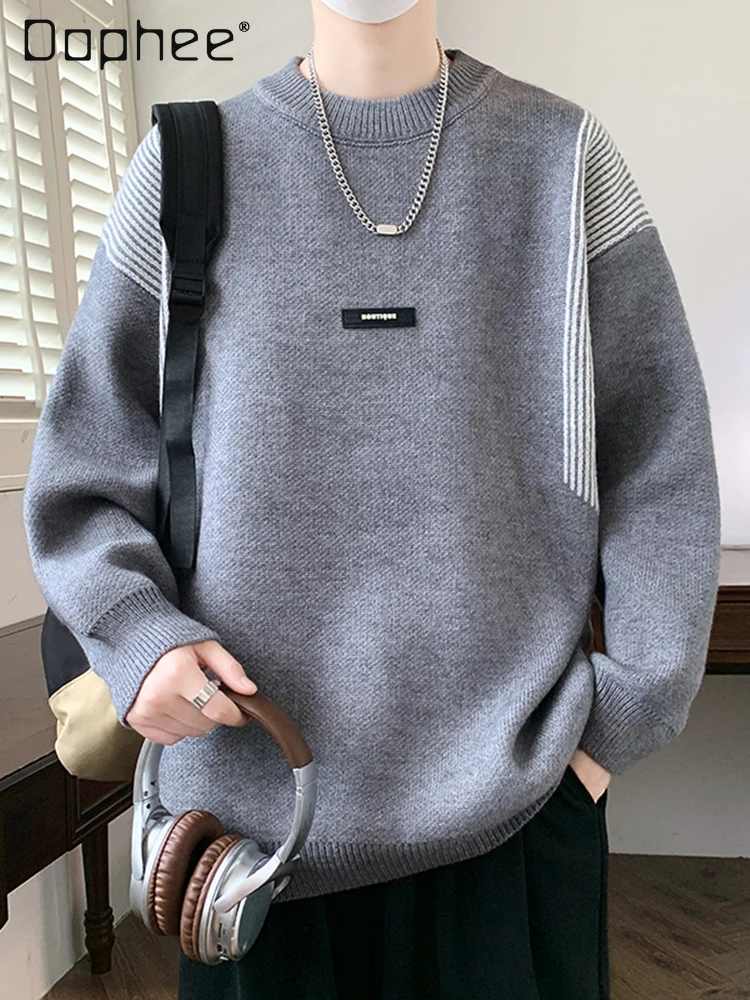 

2025 Autumn Winter Gray Black Green White Round Neck Long Sleeve Striped Thickened Warm Loose Casual Knitted Sweater