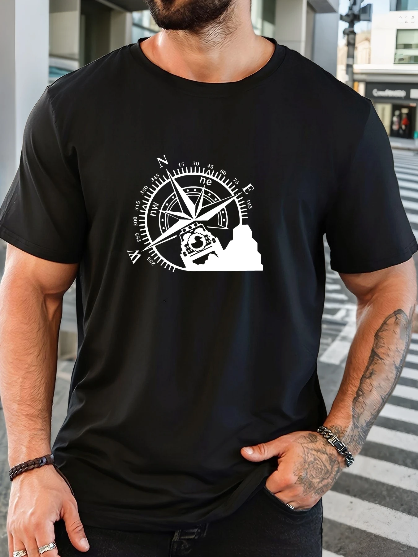 Male Black Round Neck T Shirt White Direction Compass With Offroad Jeep Mountain Silhouette Adventure Travel Light Cotton Tees