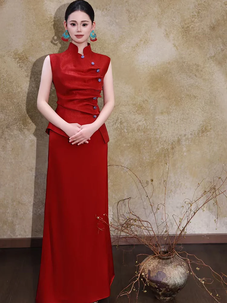 

Красное китайское вечернее платье с воротником-стойкой в винтажном стиле для женщин, длинное, элегантное, для свадебных церемоний