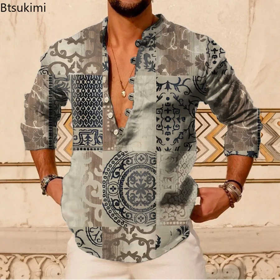 

Мужские легкие повседневные тонкие рубашки с длинными рукавами с 3D принтом для взрослых, весенне-осенние молодежные популярные рубашки с воротником-стойкой для мужчин