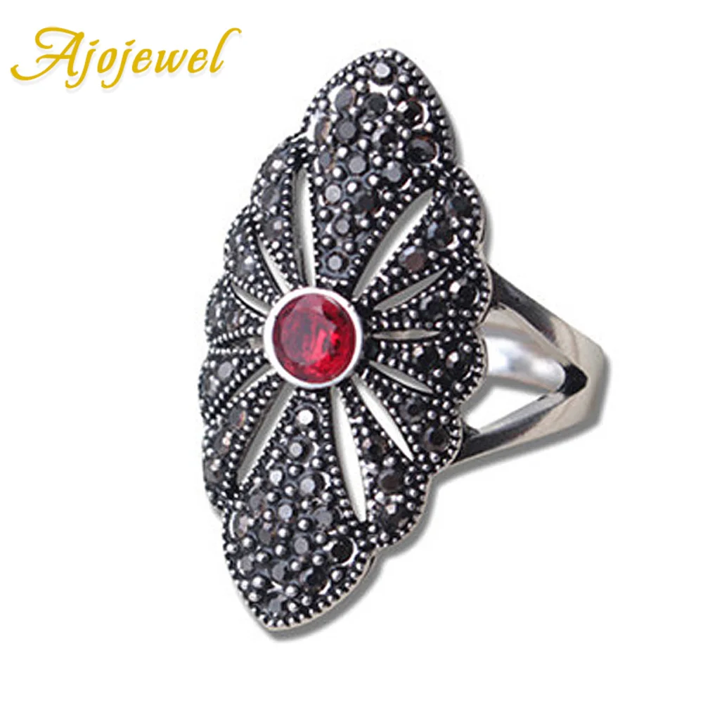 Ajojewel Red Zircon Vintage Fashion Rings 2024 Woman Luxury Flowers Design Finger Jewelry With Black Rhinestones