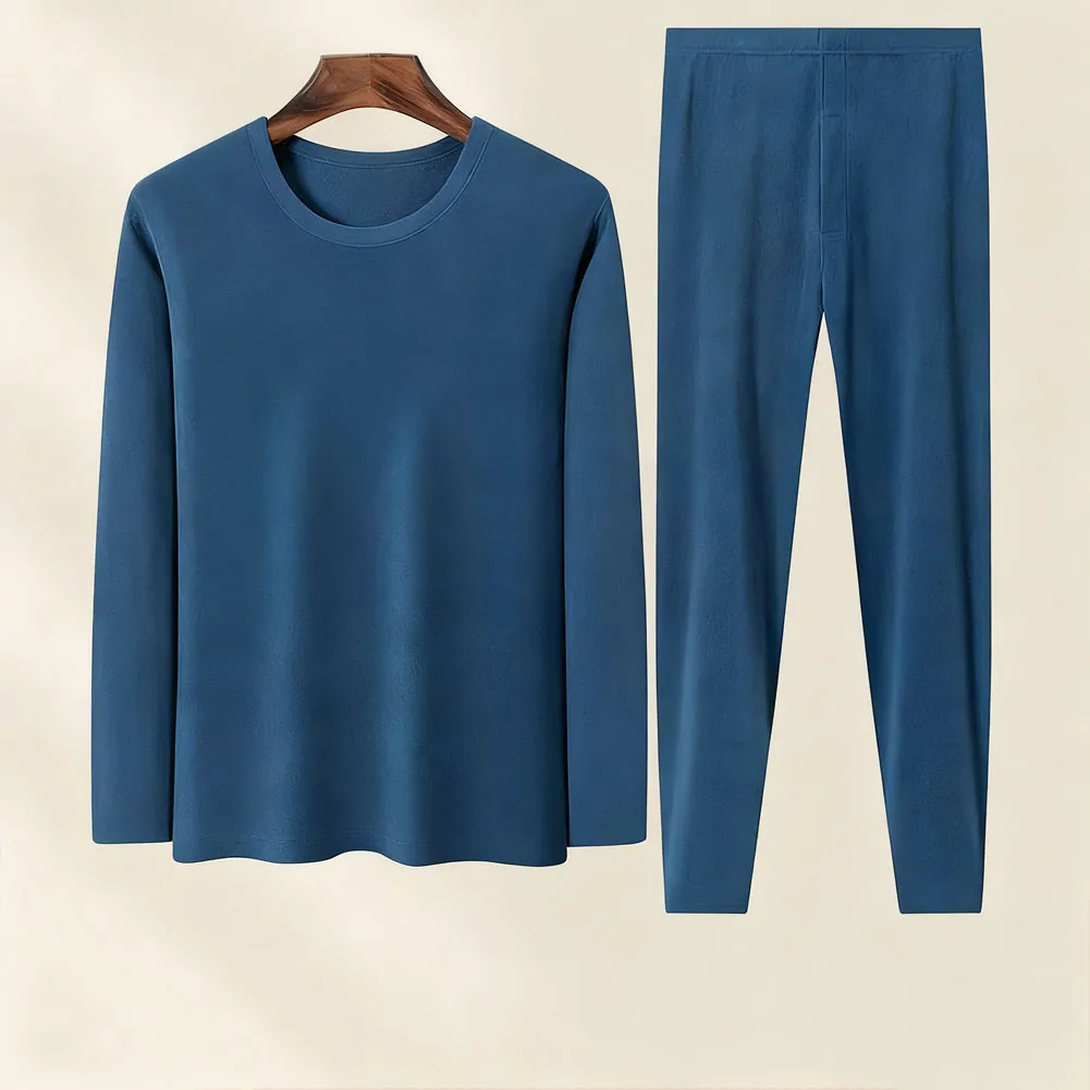 

1 комплект, теплые мужские комплекты с круглым вырезом, нижнее белье, костюм с эластичной резинкой на талии, утепленная одежда для сна, осенне-зимний теплый топ и брюки