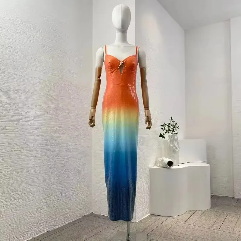 High Quality Women's Orange Blue Rainbow Color Blocking Sleeveless Sea Star Women Midi Dress  2024 New Fashion Ladies Clothing