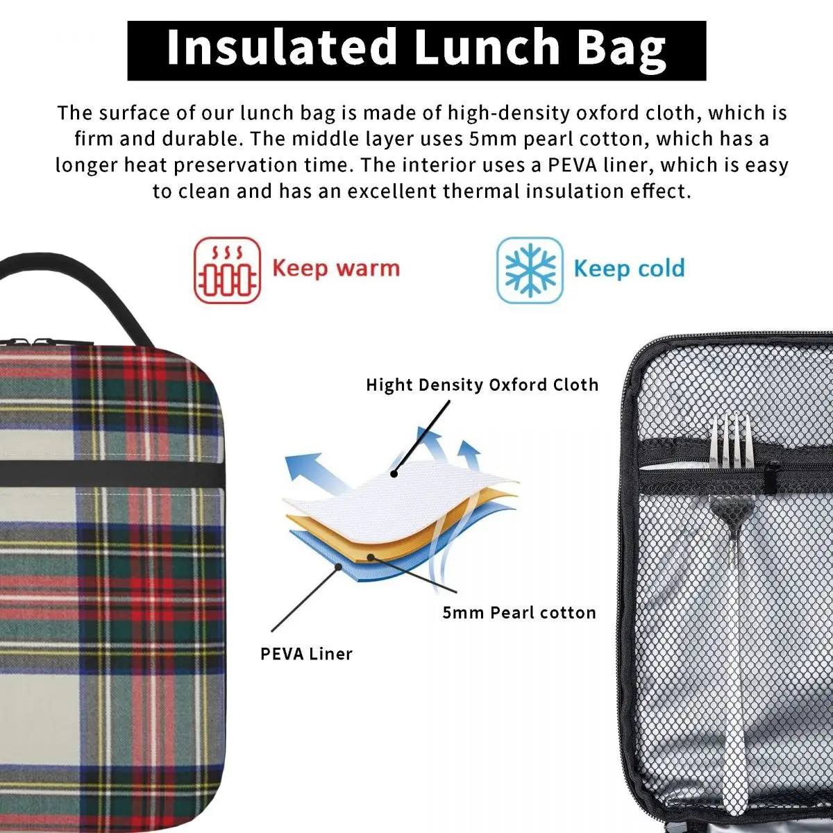 Stewart Dress Scottish Tartan Insulated Lunch Bag for Women Kids Portable Food Boxes Thermal Lunch Box Tote