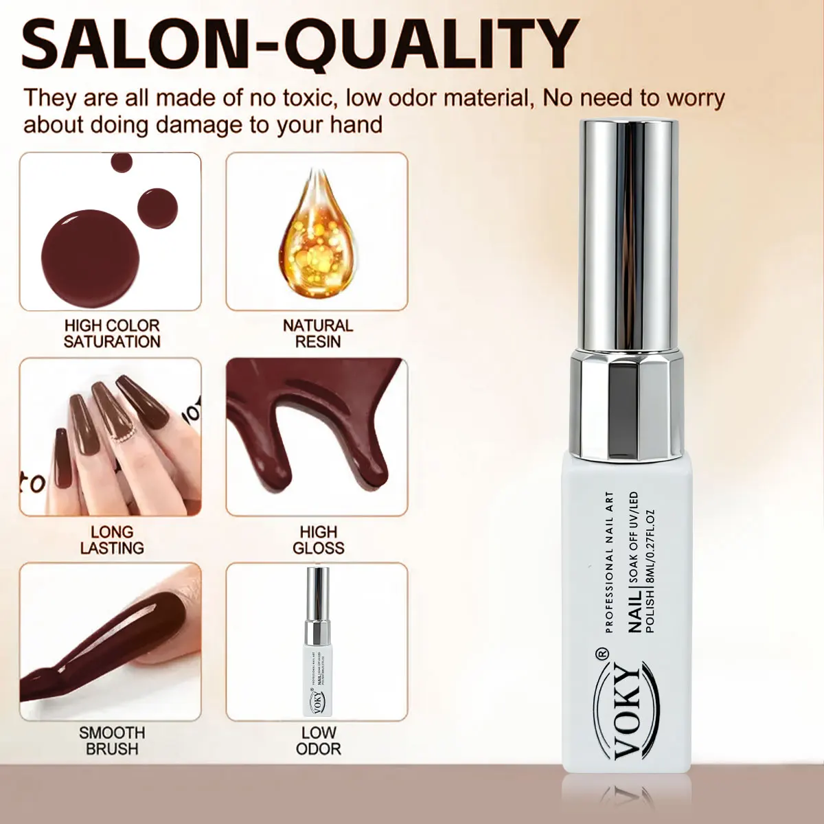 VOKY New 8ml Glass Bottle Gel Nail Polish Single Color, Soakable UV LED Cured Nail Gel, Nude/Brown/Burgundy Cherry Red Gloss Nail view 3