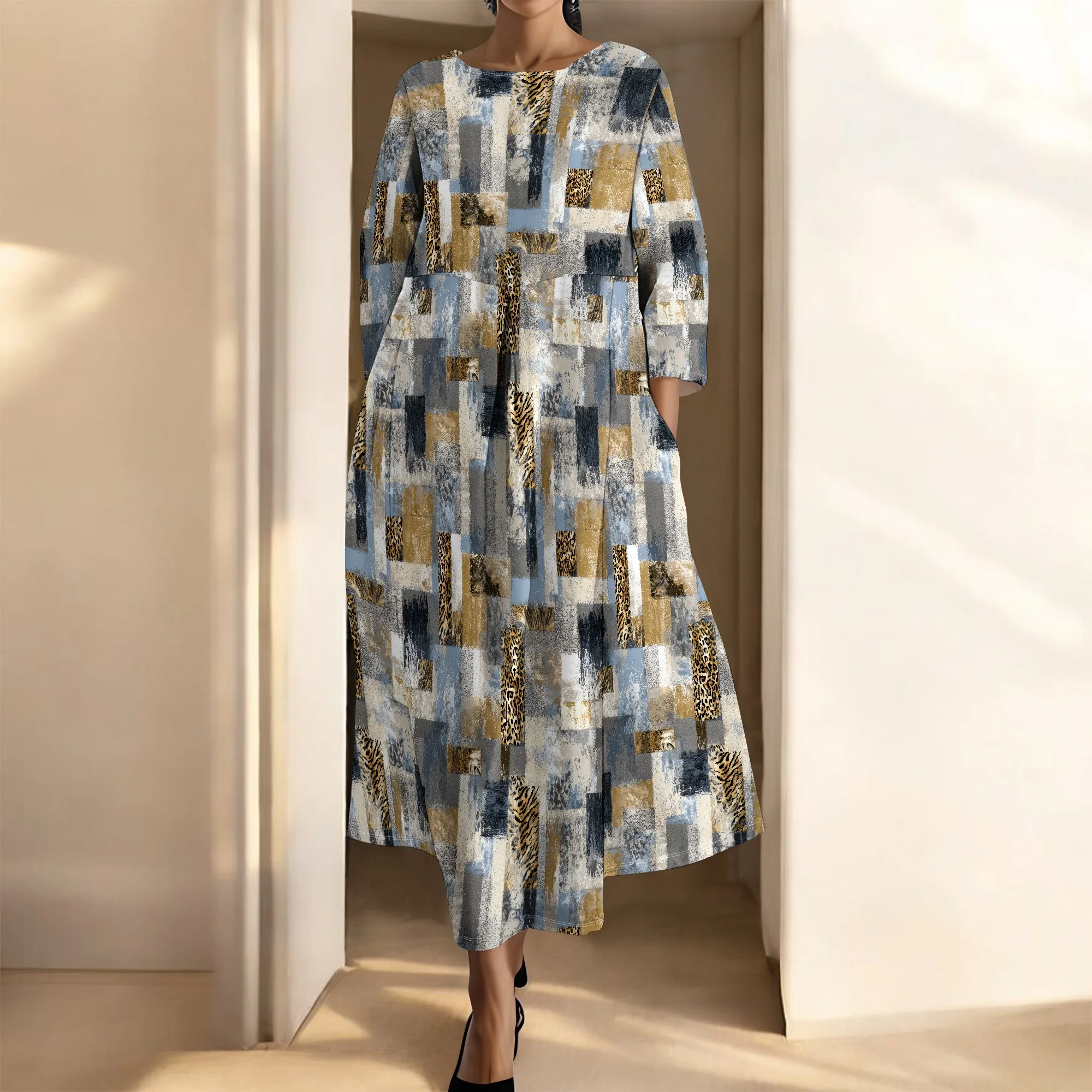 สตรีฤดูใบไม้ร่วงลําลอง 3/4 Sleeve Floral Prirted Maxi Dress Plus ขนาด V คอ Flowy Swing Tunic Shift ชุด 2 กระเป๋า