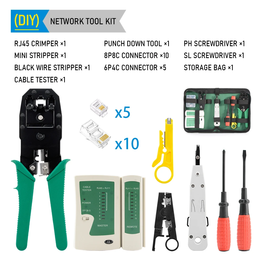 RJ45 Crimper Lan Tester Tool Set Ethernet Kabel Stripper Punch Down Tool rj 45 rj11 Connectors 12 in 1 Bekabeling Reparatieset