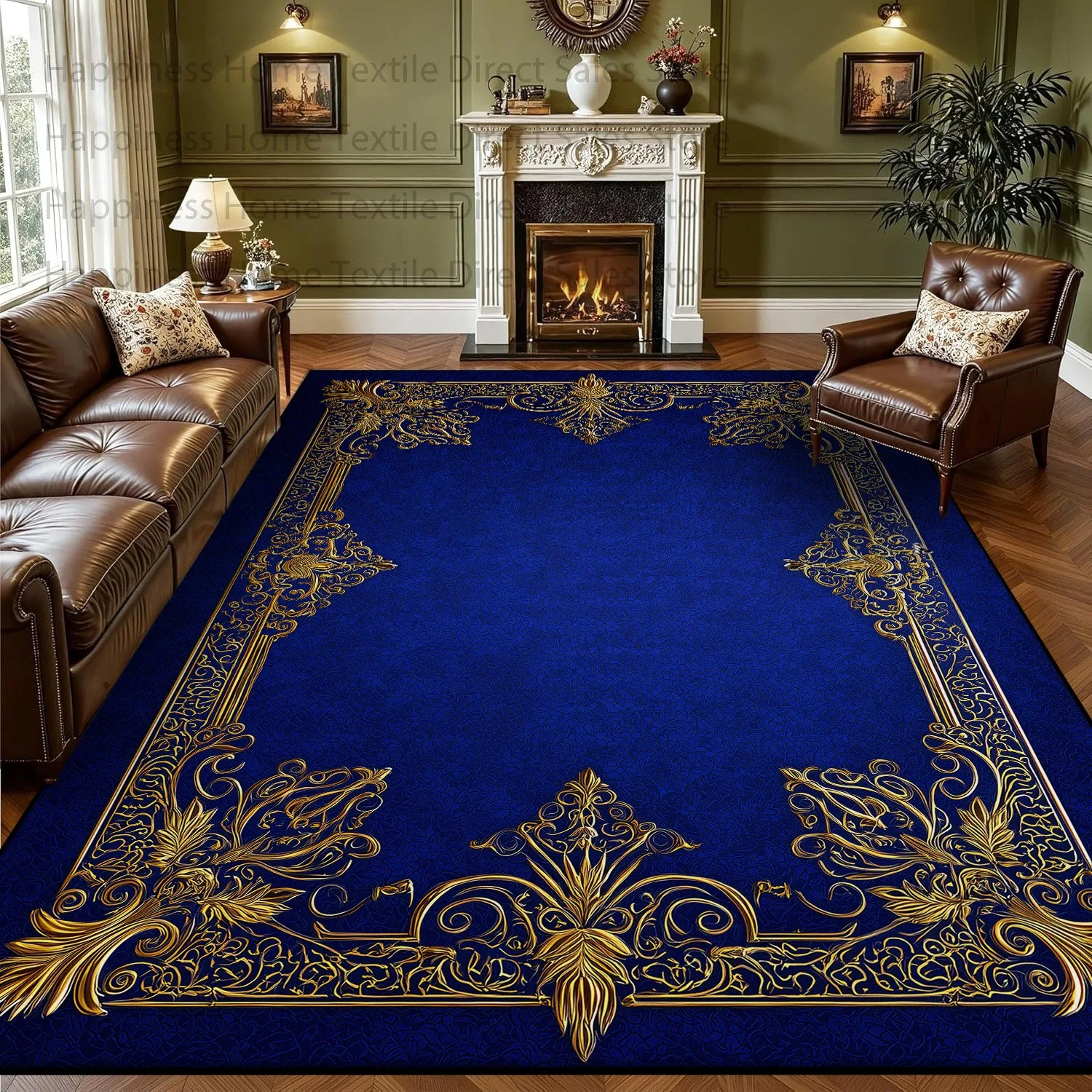 Persian Retro Large Living Room Sofa Carpet Blue-gold Washable Antiskid Decoration Bedroom Rug Soft Luxury Large Area Study Mat