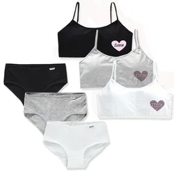 1Set Teenage Girls Training Bras and Panties Loves Printed Kids Cotton Underwear Set Young Children Wireless Bra Briefs Students