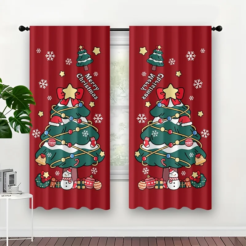 Red Xmas Tree Curtain Panels, Cute Decorated Christmas Tree Snowflake Snowman Gift Holiday Pattern Print Drapes for Living Room