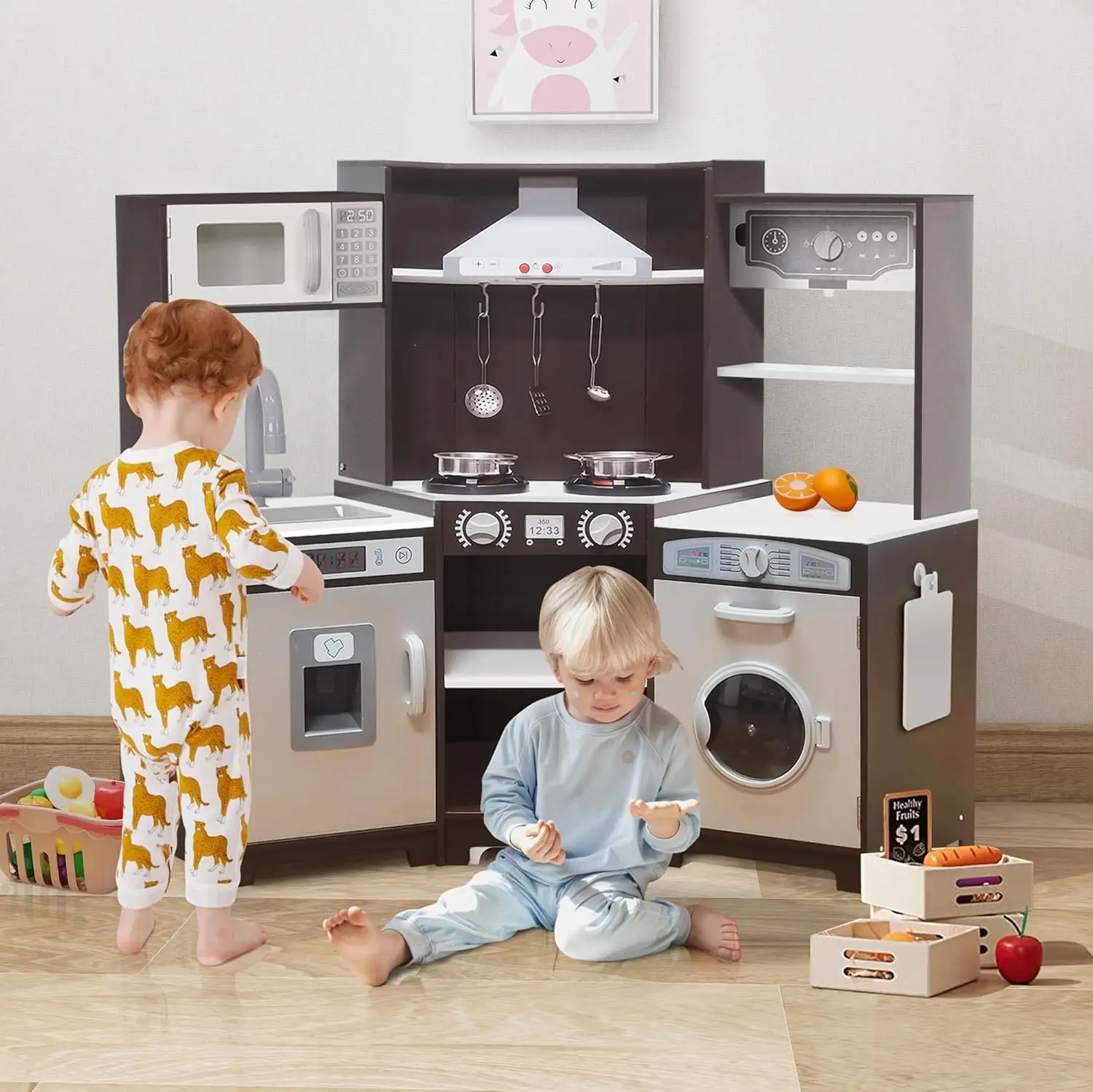 Taohfe Corner Play Kitchen With Lights & Sounds Brown Kitchen Kids Toddler Kitchen Set With Washer, Chalkboard Wooden Kitchen