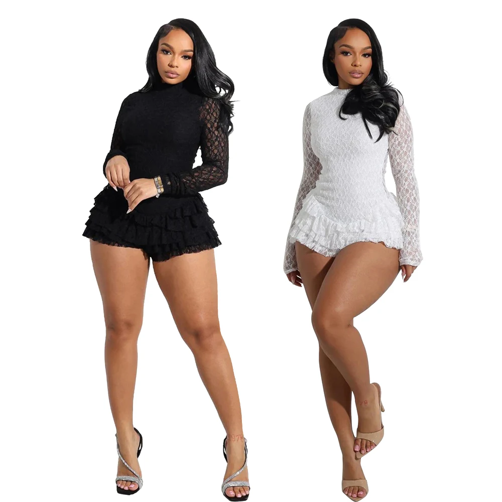 2025 neue Frauen Sexy Spitze Langarm Rüschen Strampler Ein Stück Nette Streetwear Kleidung Backless Geraffte Kurze Overalls Playsuits – Detail 2