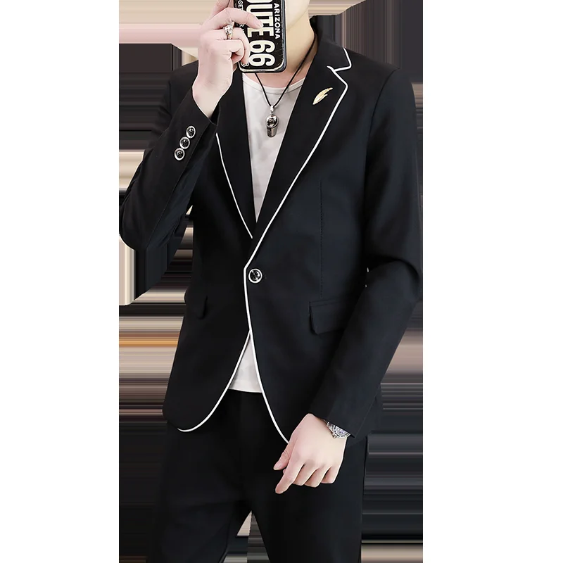 2024 autumn new men\'s Korean version slim (suit + trousers) Fashion and handsome solid color business trend hairstylist two-piec