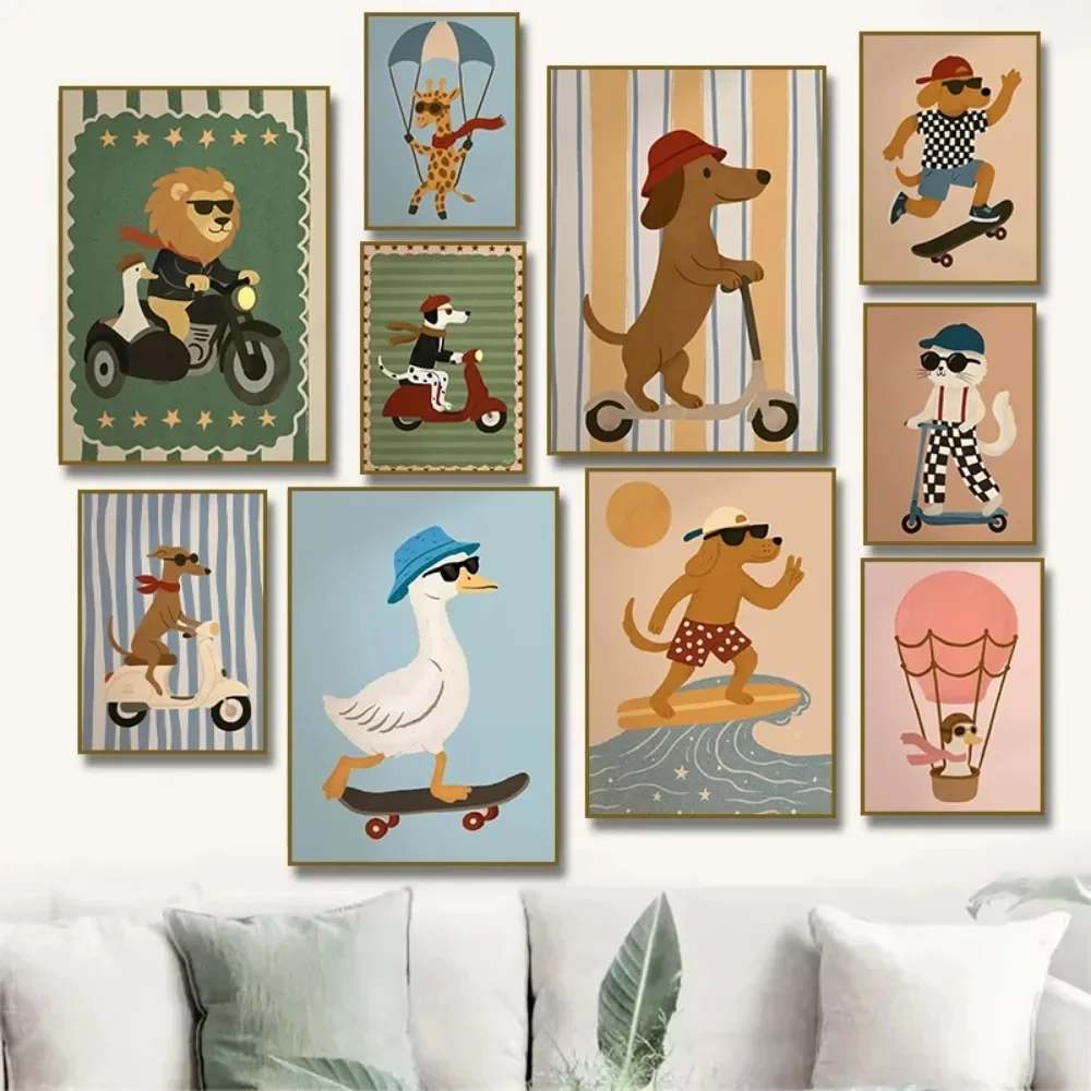 Cute Skateboard Dog Dachshund Duck Goose Hot Air Balloon Canvas Painting Prints Poster Cartoon Funny Animal Nursery Home Deco