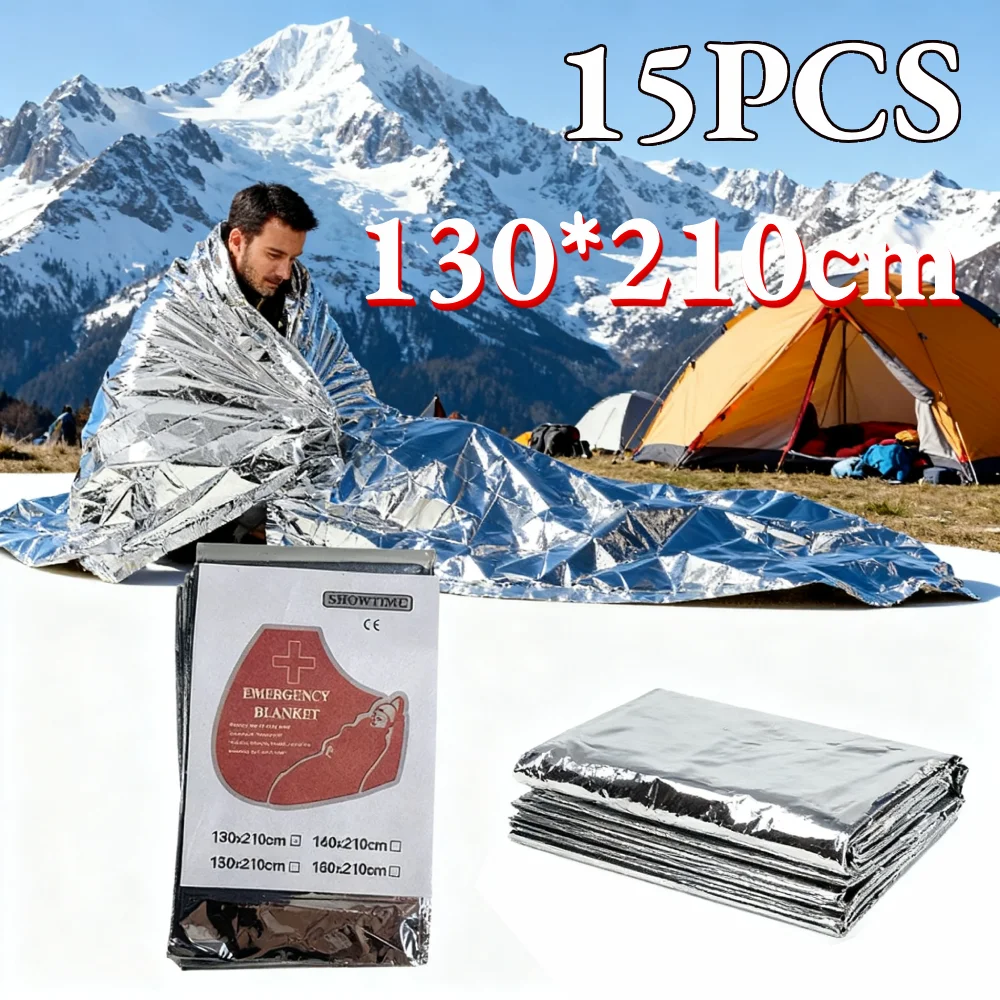 

15Pcs 40g Lightweight Thermal Blanket Silver Foil Mylar Emergency Blanket 130x210cm for Hiking/Marathons/Rain Shelter/Car Sunsha