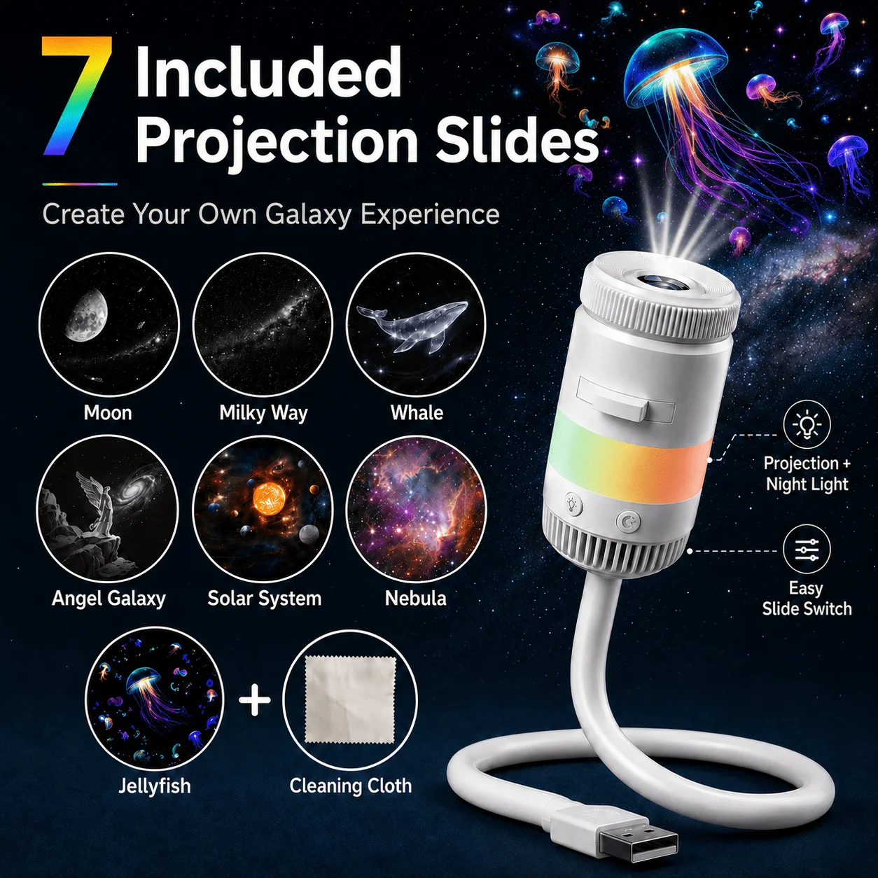 Galaxy Decor Projector Night Light, USB 2-in-1 Ceiling Star Lamp with 7 Films & Lens Cleaner,Adjustable Focus for Kids RoomDecor