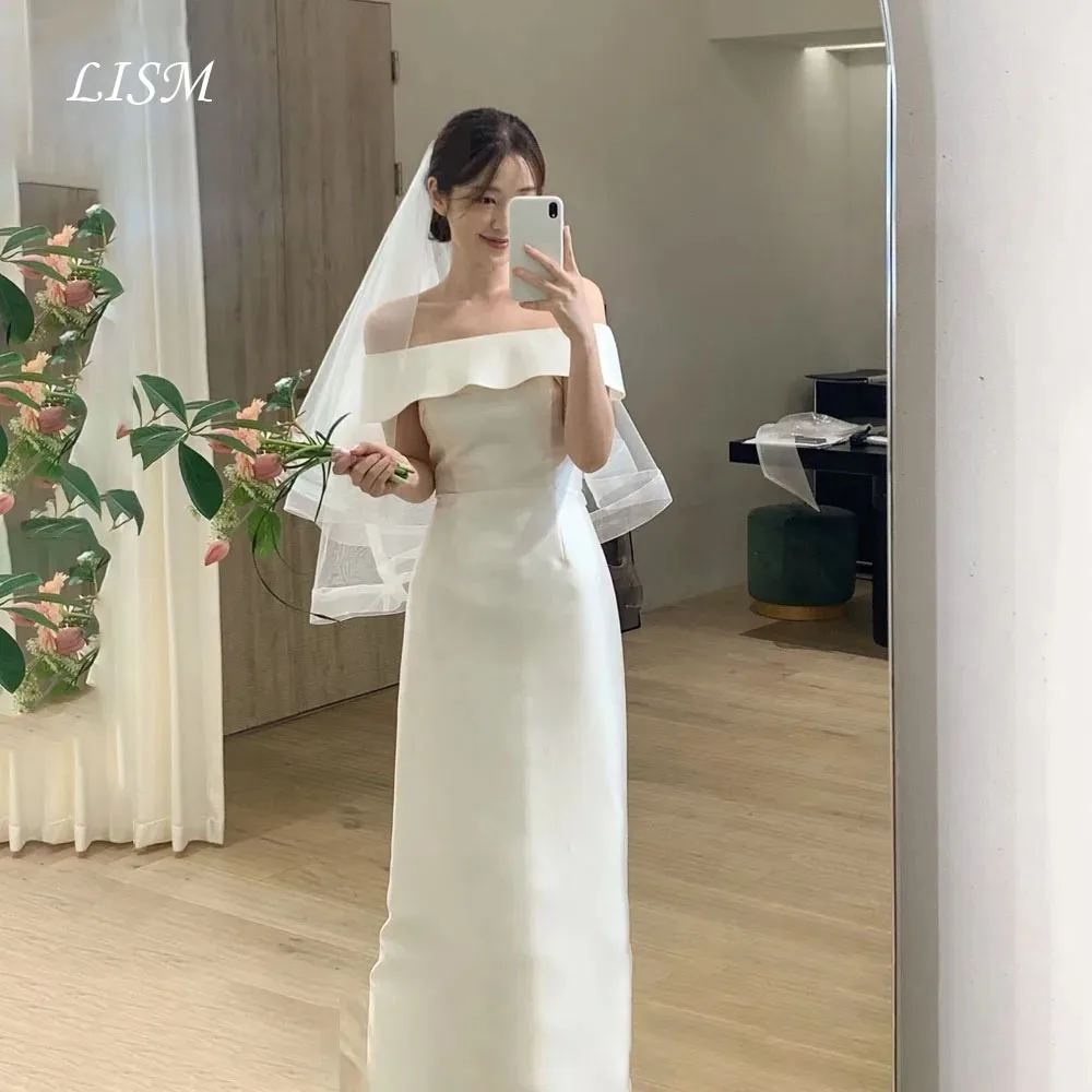 LISM personalizado Simple cuello barco con volantes vestidos de novia coreanos satén suave hasta el suelo fotos de fiesta de boda sesión vestido de novia