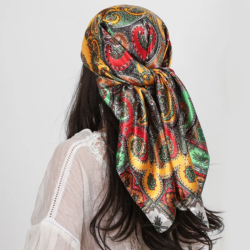 90 cm Platz Silk Schals Frauen Hijab Schals Paisley Cashew Blume Drucken Kopftuch Femme Kopf Schal Foulard Bandana Strand Pareo – Detail 5