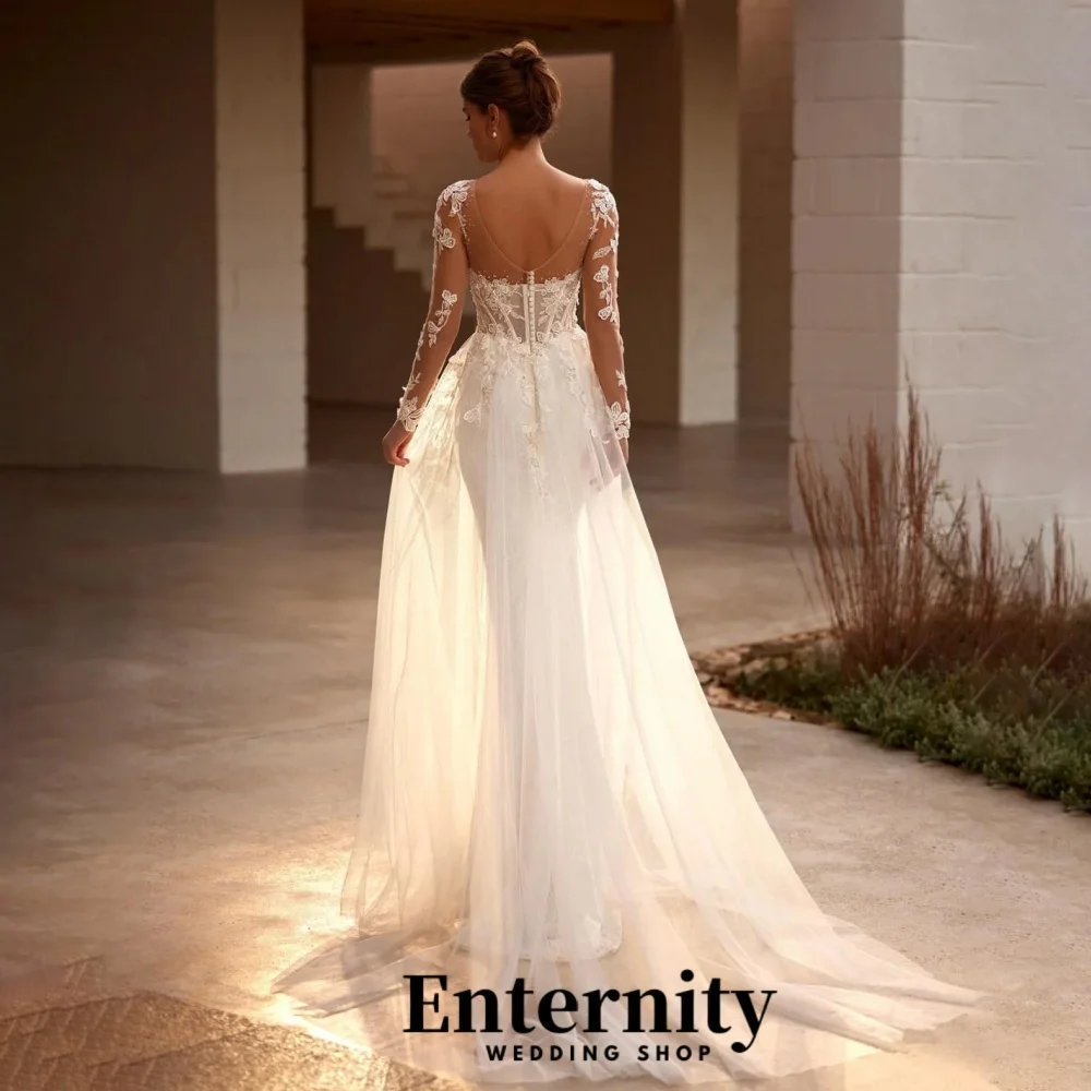 فساتين زفاف مخصصة طويلة الأكمام الساحرة س الرقبة للنساء Ruched الساحرة الدانتيل زين زي العرائس Vestidos De Novia