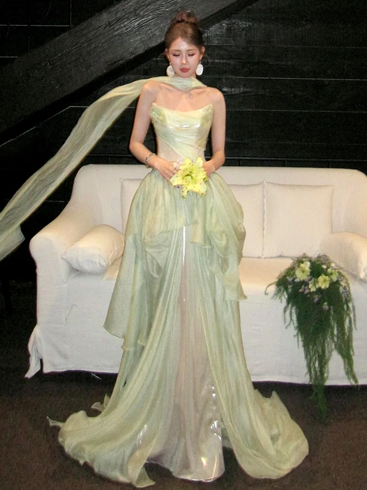 

Ele een Off-oulder Prom Dr Women's High Waist Princ Sle Long Skirt Wedding Par Performance Celebration Faion