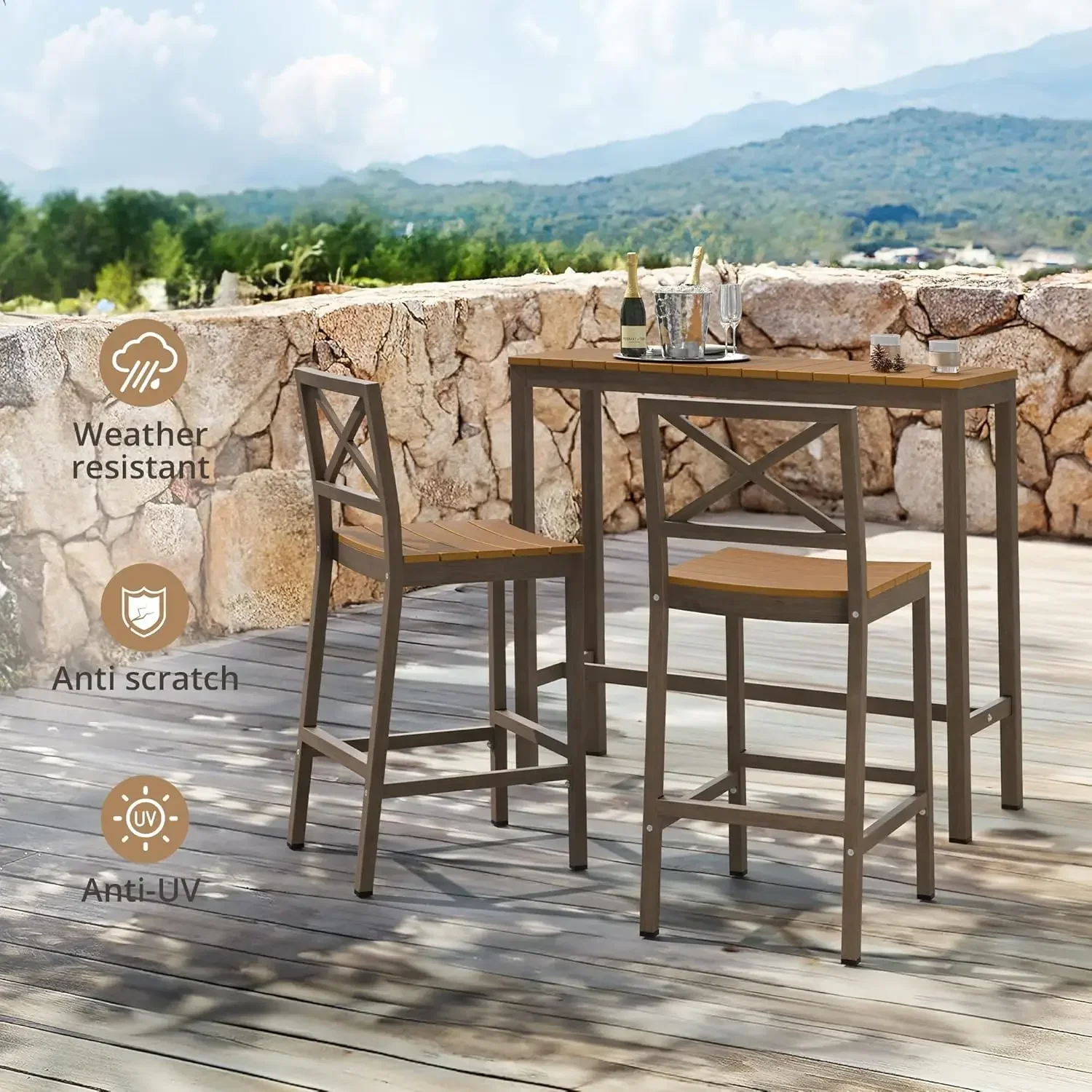 

Outdoor Bar Height Table and Chairs Set, 3 Piece Patio Pub Bar Set with 45" Slatted High Top Table and 2 Armless Bar Stools