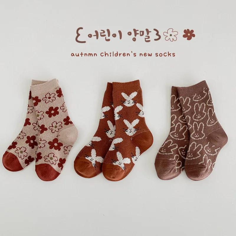 Autumn Winter Girls Socks Cartoon Bunny Pattern Double Cotton Warm Calf Socks Kids Baby Girls Socks 3 Pairs