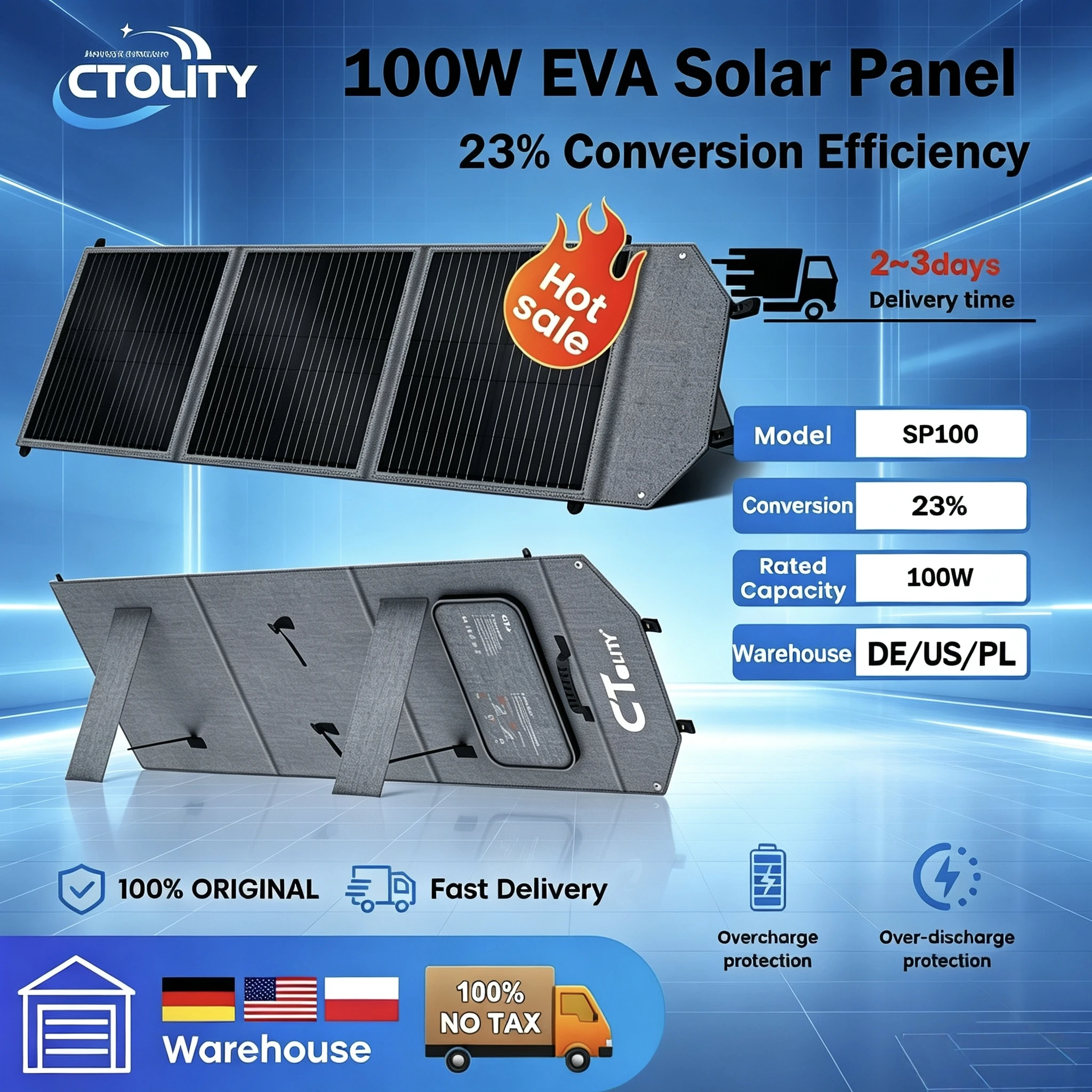 CTOLITY SP100 100W Flexibles Solarpanel 20,5V Tragbare Faltbare Tasche 23% Wirkungsgrad Energiespeicher USB Typ-C für Powerstation Powerbank
