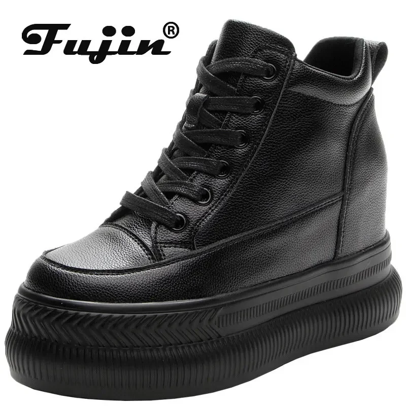 Fujin 9cm Genuine Leather Platform Wedge Sneakers Hidden Heel Super High Motorcycle Ankle Boots Autumn Winter Plush Women Shoes