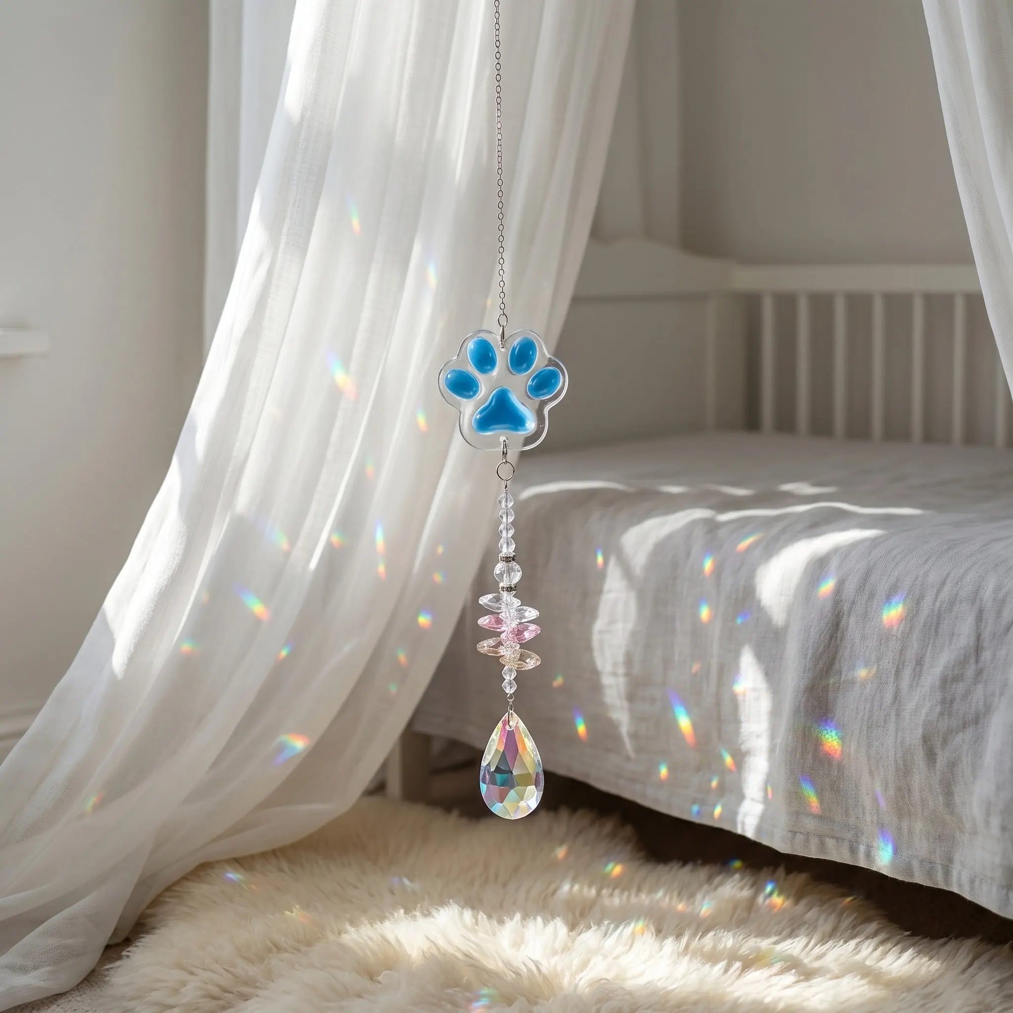 Pet Memorial Wind Chimes Cat Paw Crystal Suncatcher Sky-Blue Dog Cat Loss Sympathy Gift Outdoor Garden Rainbow Prism