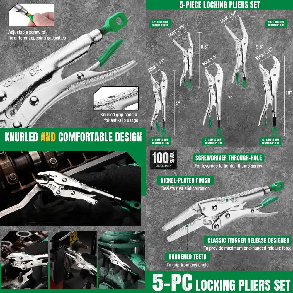 

5-Piece Locking Pliers Set, Long Nose & Curved Jaw Locking Pliers, Premium CR-V Construction, Ergonomic Anti-slip Handle, Ideal