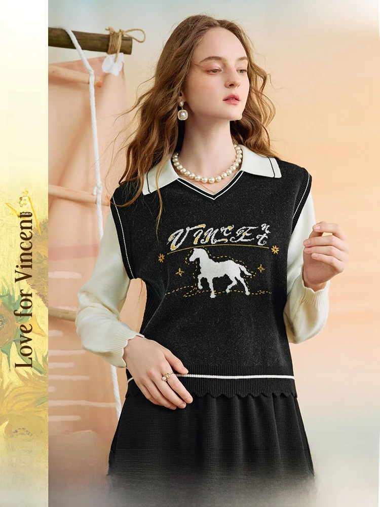 

Женский свитер с животным принтом и цветовыми блоками, имитация двухслойности, трикотаж, для повседневной носки, осенняя новинка, художественный дизайн Ван Гога