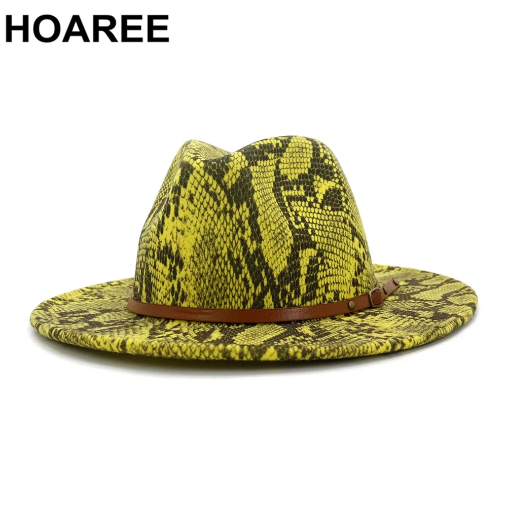 HOAREE Green Wool Felt Jazz Fedora Hat Gray Snake skin Pattern Women Men Wide Brim Panama Party Male Female Trilby Cap Chapeau